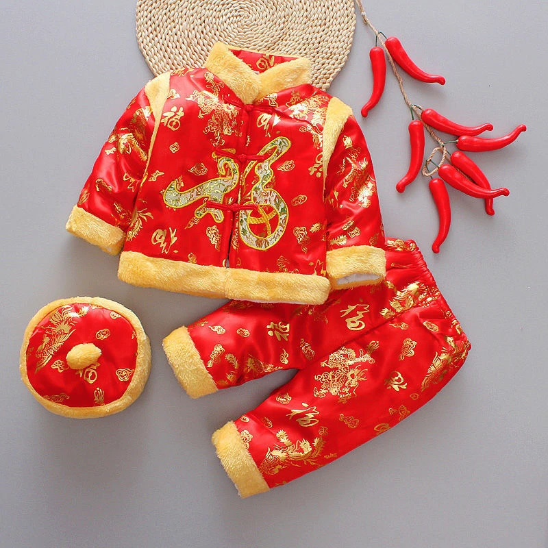 Baby New Year Tang Suit 3Pcs Chinese Traditional Kids Anniversary Costumes 10Colors Cotton Boys Girls Winter Warm chinese traditional costume