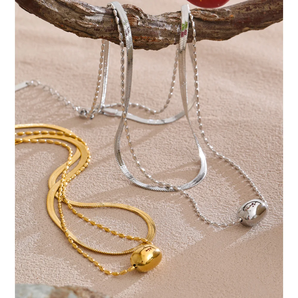 Yhpup Stainless Steel Double-Layer Snake Chain Stacking Necklace Pendant
