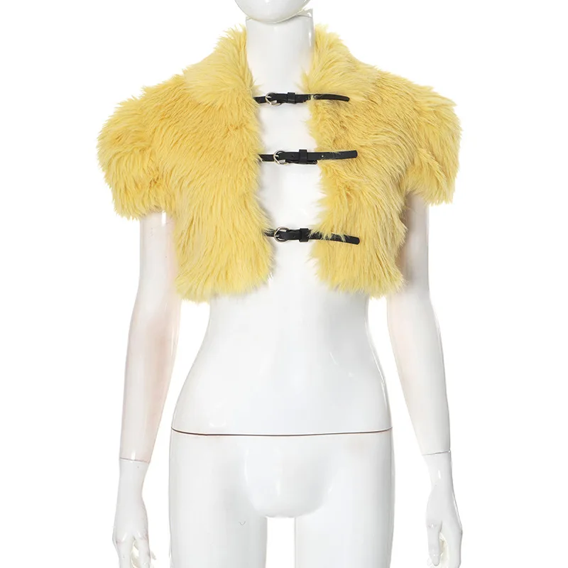 Description Picture 5 of itemFluffy Faux Fur Women Jackets Crop Top Turn Down Collar Short Sleeves Belt Buckles Cardigans Coat Fashion Warm Vest Outerwear