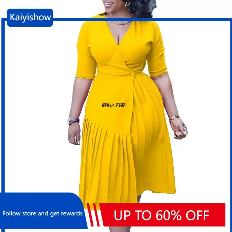 Spring 2024 New Arrival Africa Women Half Sleeve V-neck Blue Black Red Yellow Pleat Midi Dress Dashiki African Dresses for Women half of a yellow sun