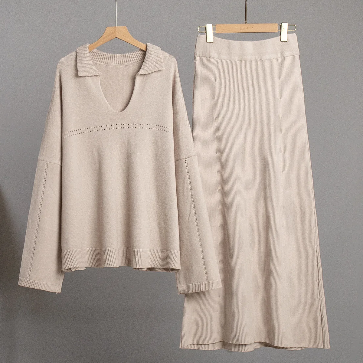 Autumn 2 Piece-Set Maxi Skirt Female V-Neck Loose Patchwork Fashion Pullover And Long Skirt Sets Elegant Ladies Outfits