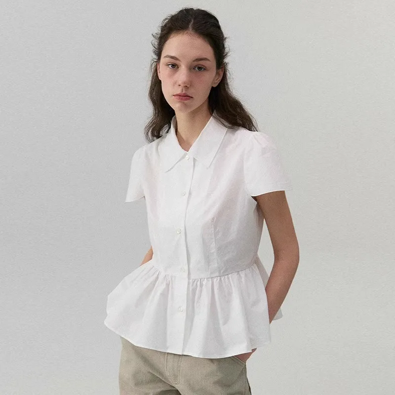 Women's Shirts 2023 Summer New Color Solid Button Turn-down Collar Short Sleeve Fashion Brand Casual Loose Ladies Shirts