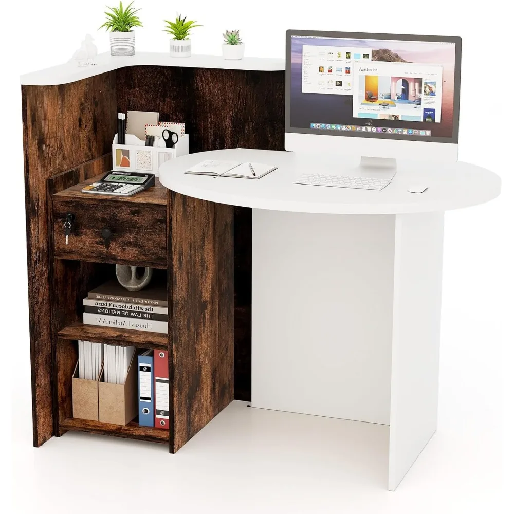 Reception Desk, Small Retail Checkout Counter with Lockable Drawer and Open Shelves, Wooden Computer Workstation for Home Office