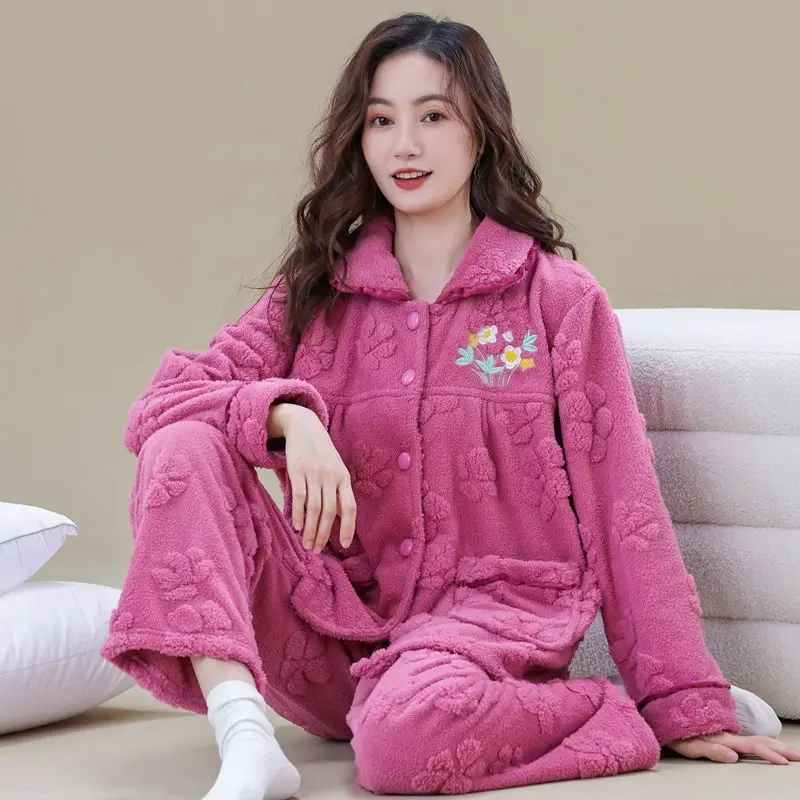 2024 New Pajamas Women's Autumn and Winter Loungewear Coral Plush Homewear Flannel Thickened Large Plush Warm Homewear Set