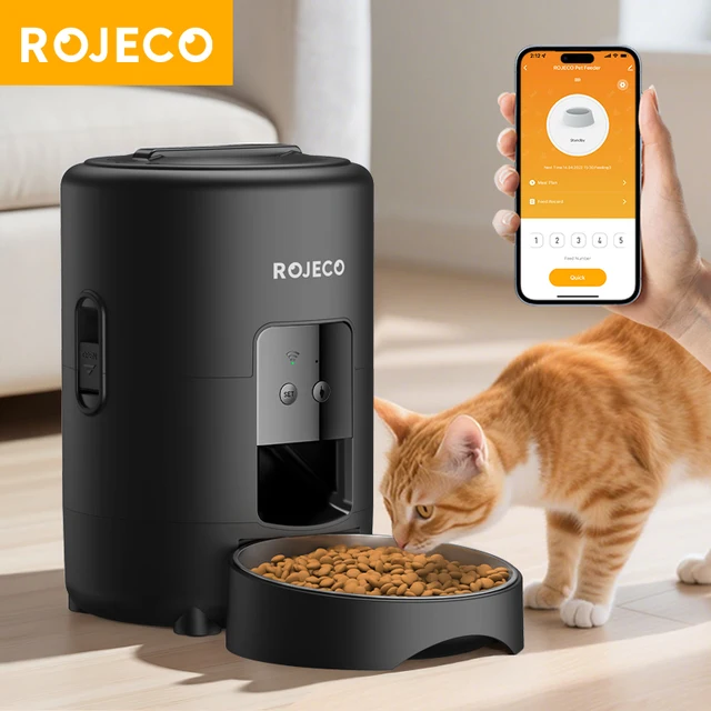ROJECO เครื่องป้อนสัตว์เลี้ยงอัตโนมัติ 2L สมาร์ทอาหารแมว Kibble Dispenser Wi-Fi App รีโมทคอนโทรลอัตโนมัติเครื่องป้อนสุนัขสําหรับแมวสัตว์เลี้ยงอุปกรณ์เสริม 1