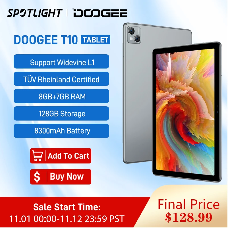 World Premiere DOOGEE T10 Tablet Pad 8GB +7GB RAM Octa Core 8300mAh 128GB Storage 13MP Main Camera 10.1 inch Android 12 Type C - Апрельский топ товаров с Али