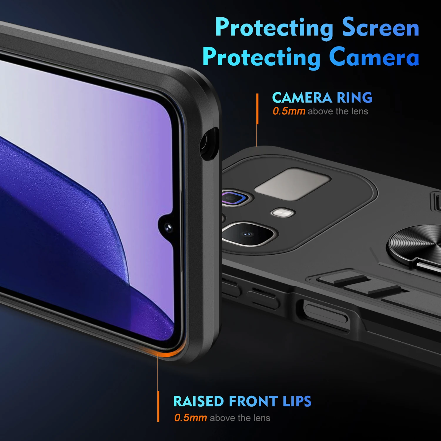 Rugged Armor Shockproof Phone Case with Magnetic Metal Ring Holder and TPU Frame Plastic Cover