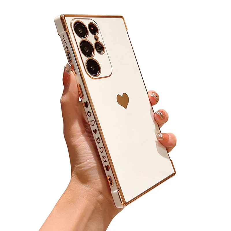 thumbnail image 1 of Funda enchapada de lujo para Samsung Galaxy A53, A52, A54, 5G, S21, S23, FE, S22, S24, Ultra, silicona suave con patrón de corazón lateral, 1 of 5