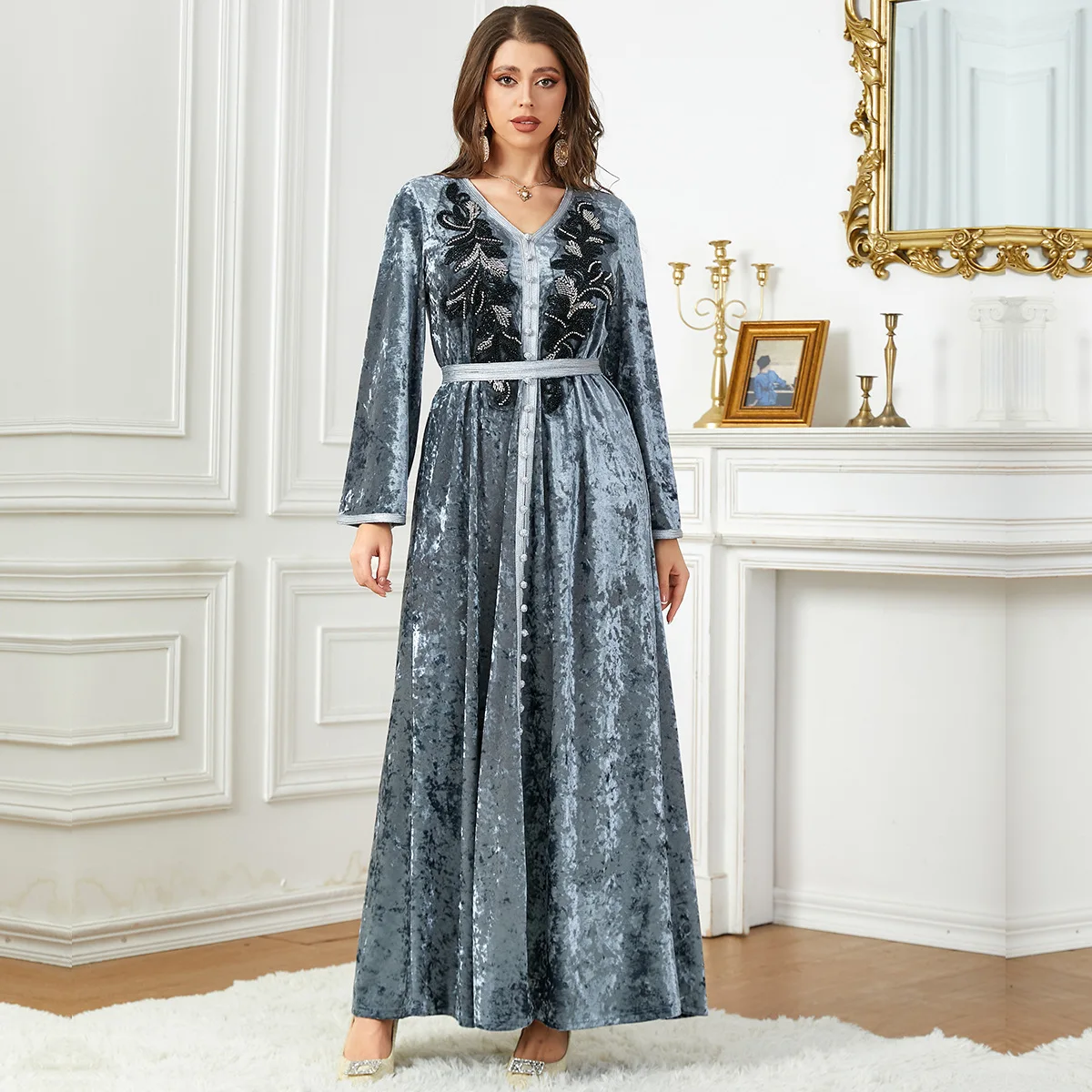 

New Velvet Dresses for Women Autumn and Winter V-neck Muslim Abayas Legant Lace Party Dress Dubai Arabian Abayas Robes Vestidos