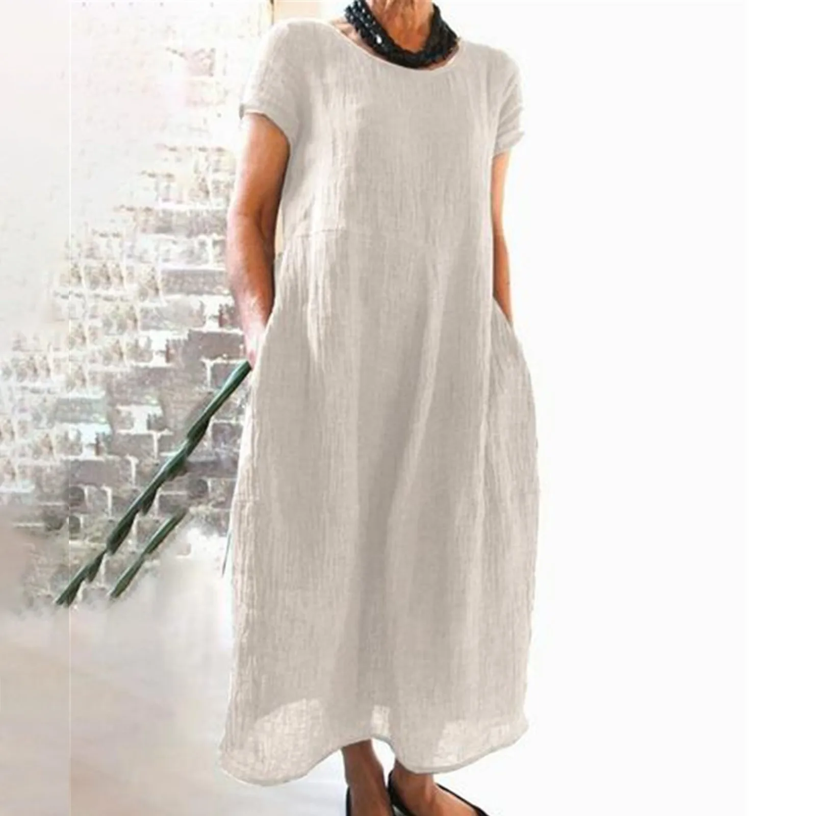 

Women Summer Long Dresses Casual Solid Color Short-Sleeve Maxi Dress O-neck Stitching Loose Pocket Cotton Linen Dress Robe Femme