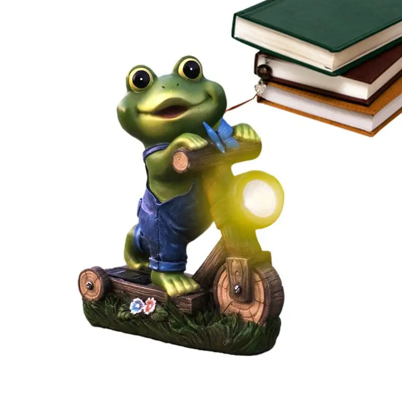 

Garden Ornament Frog Figurine Solar Energy Frog Cycling Sculpture Cute Outdoor Light Animal Figurine Happy Frog Lawn Ornament