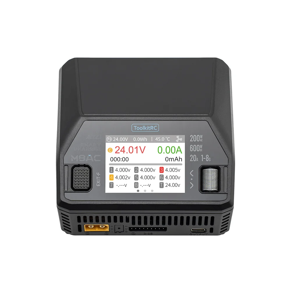 Chargeur multiport 8 ports 185W USB C PD QC avec un smartphone et une tablette connectés, éclairage LED bleu indiquant la charge.
