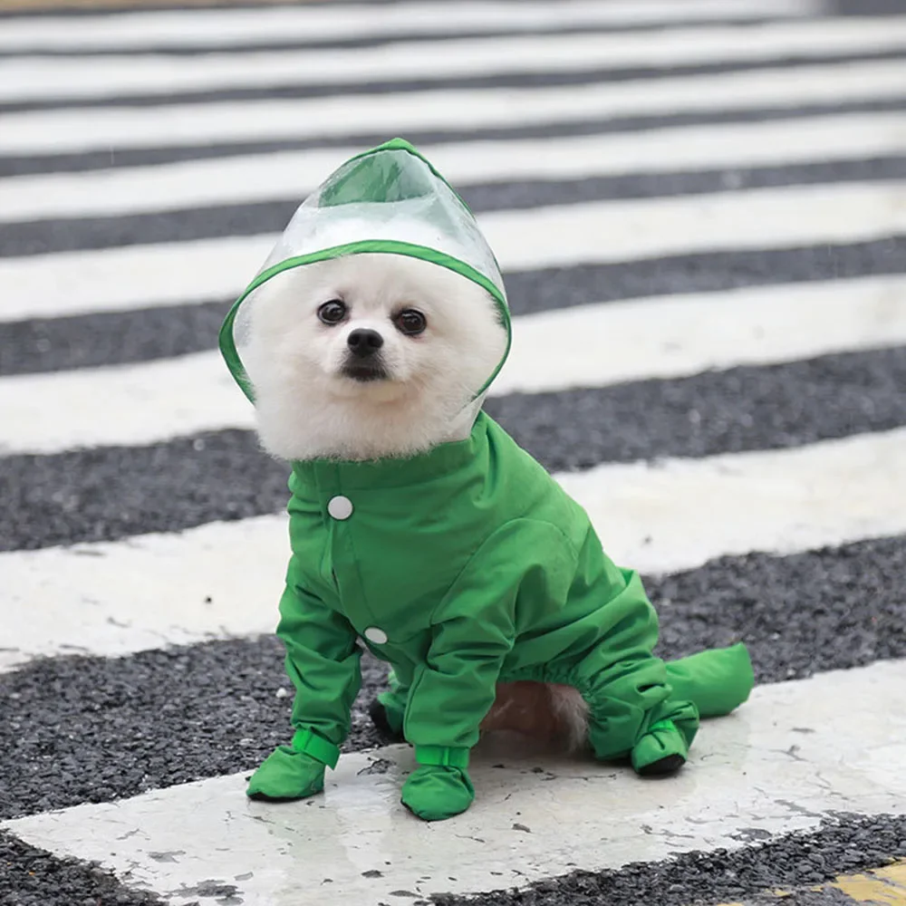 Waterproof Dog Clothes Small Dog Raincoat with Rain Shoes Boots Overalls Jumpsuit Pet Cat Puppy Rain Coat with Transparent Hood