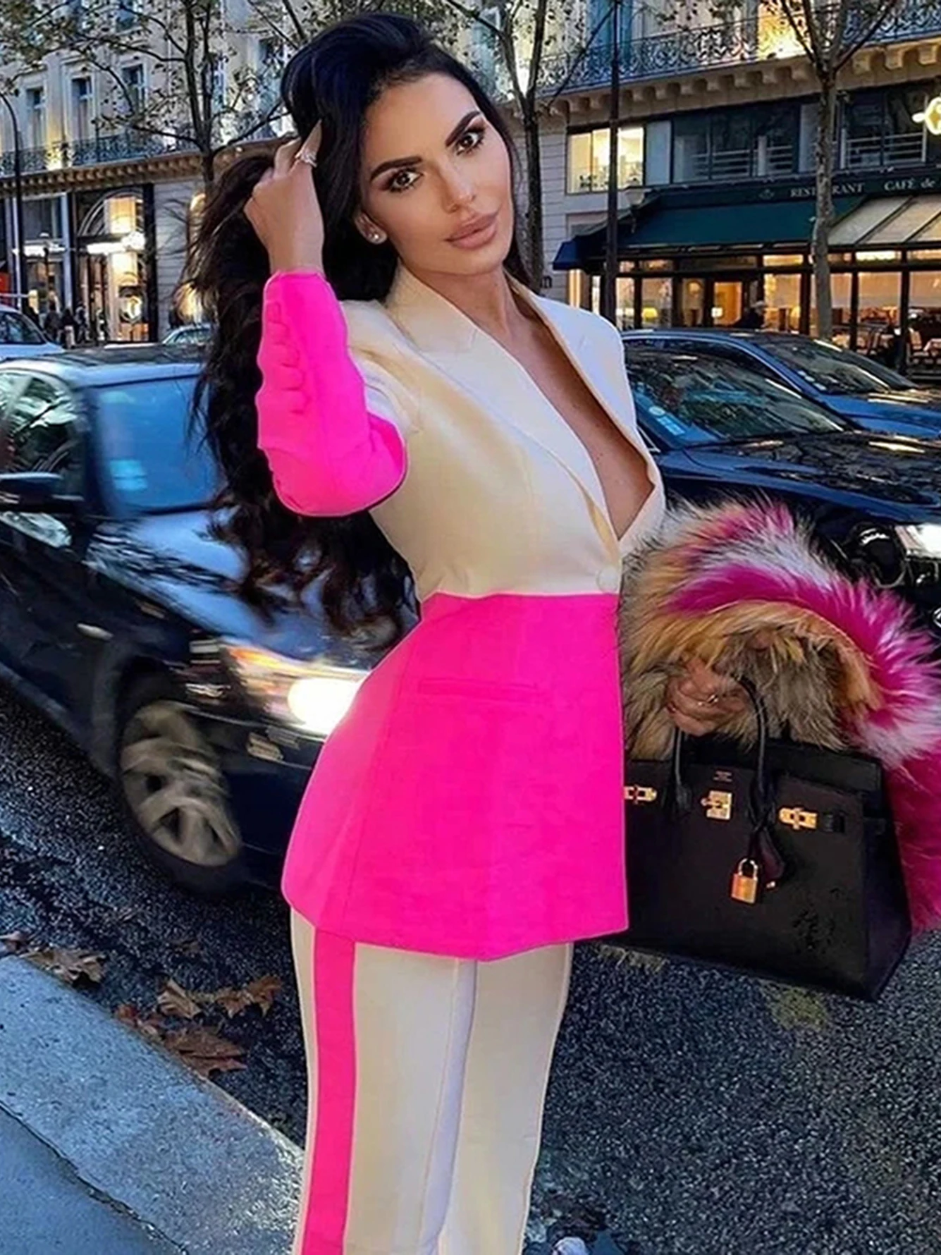 

Женский брючный костюм из блейзера и брюк, элегантный облегающий офисный костюм из двух предметов с расклешенными брюками на одной пуговице, весна-осень