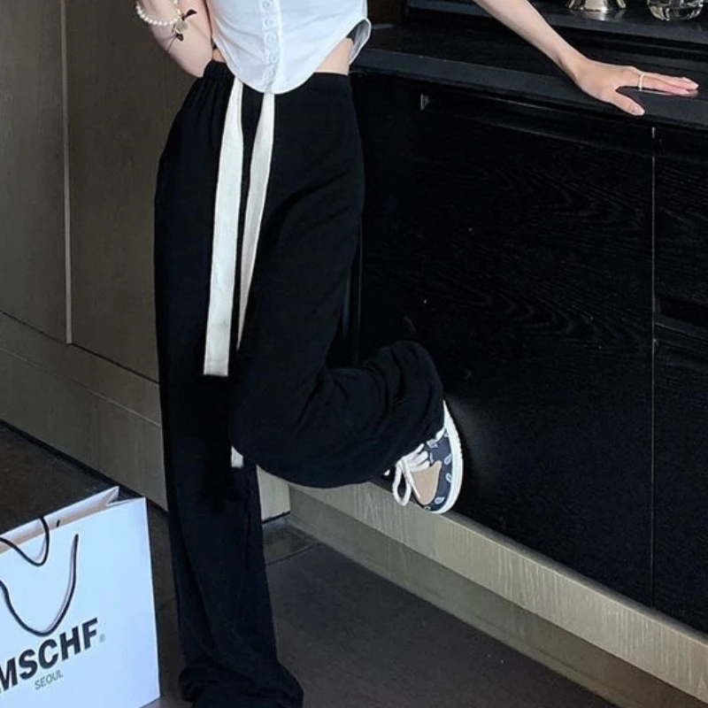 2023 Spring Autumn New Female Students Trend High Waist Leisure Loose Slim Sports Draw Rope Simple Wide Leg Trousers Long Pants