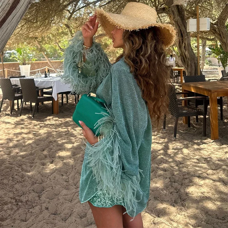 Glitter Feather Oversize Shirt Women Fashion Sparkle Stand Collar Single-breasted Long Flare Sleeve Blouse Lady Y2K Outwear