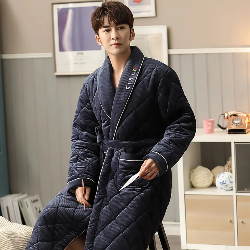 MenWinterThickenBathrobeLuxuryMensTerryLongRobe3layerCotton