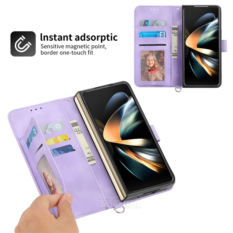Per Samsung Galaxy Z Fold 4 Fold3 Custodia In Pelle Pelle Feel Emboss Flowers Kickstand Cover Multi Card Slot Phone Wallet Strap