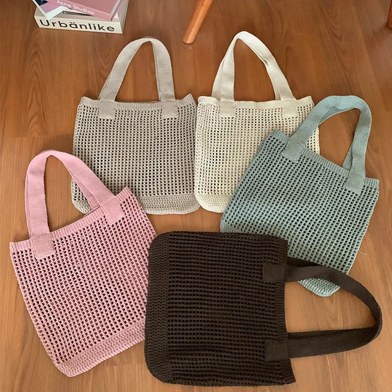 2023 New Knitted Shoulder Bag Large Capacity Summer Mesh Hollow Solid Color Small Fresh Travel Casual Shopping Trend All-match