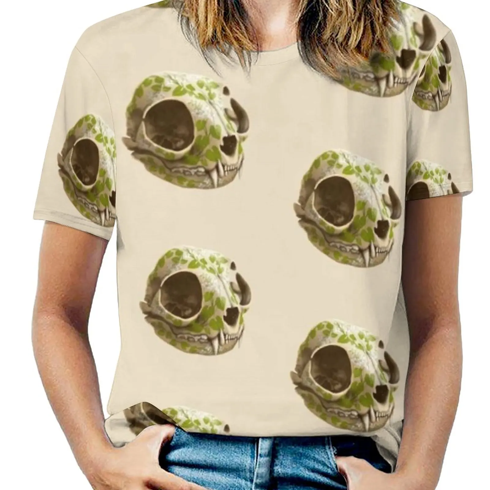 Teschio Di Gatto Decorato Con Fiori Di Wasabi Stampa Di Moda Donna Donna T-Shirt Per Ragazze Harajuku Girocollo Manica Corta Top E Tees
