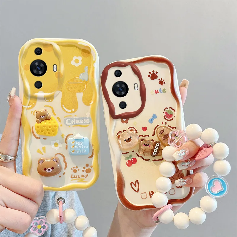 Cartoon Cute Bear Bracelet Phone Case For Huawei Nova 11 P Smart Z Y9s Nova Y70 Plus 5T 7i 6 8 9 10 11 Pro P40 Lite Soft Cover_voghion.com