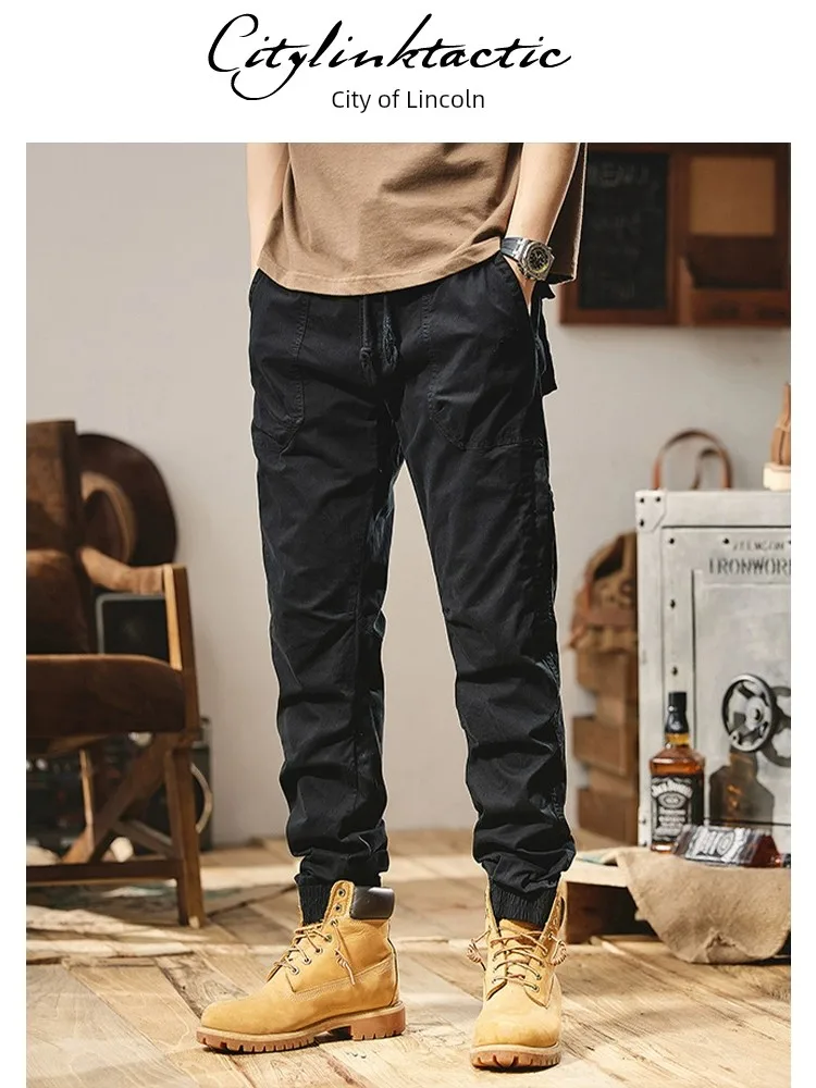 

Washed 2024 Spring And Autumn Season New American Style Tie Feet Slim Fit Casual 9-point Black Work Pants For Men