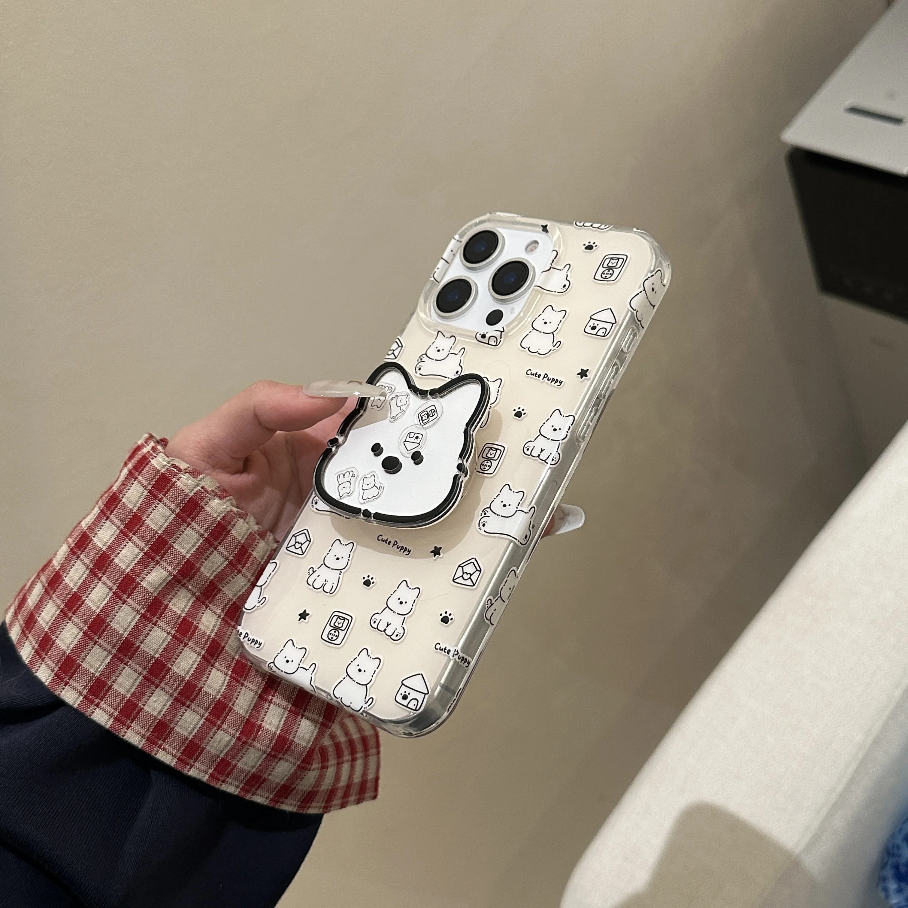 Ins Full Screen Cute Little Dog AndWobble Bracket Phone Case for iPhone 16 15 14 13 Pro Max Back Cover Funda