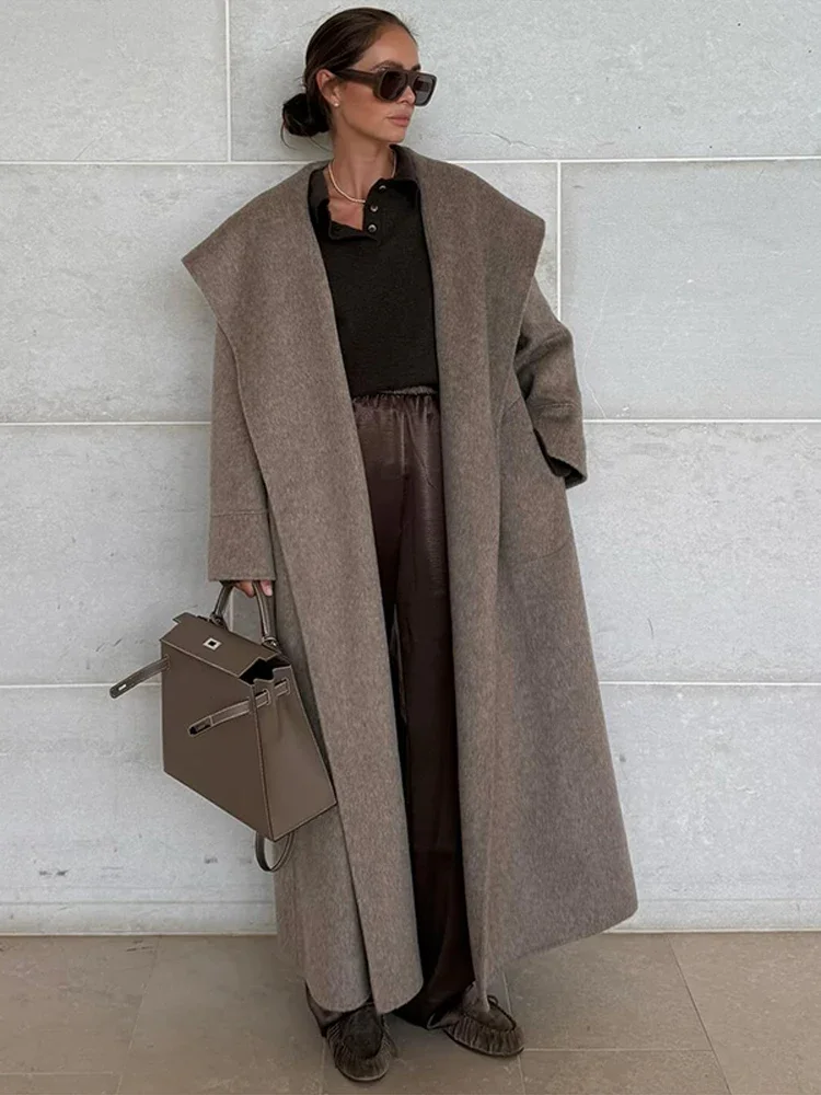 Elegant Wool Women Long Coat Solid Shawl Collar Open Stitch Lace