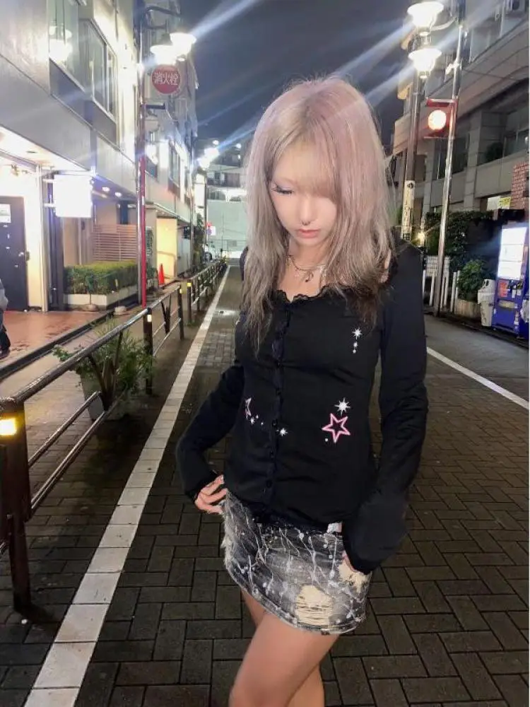 Seeslim 핫스위트 레이스 패치워크 프린트 스타 티셔츠, 긴 소매 슬림 하라주쿠 Y2k 가디건 티셔츠, 여성 의류, 90 년대