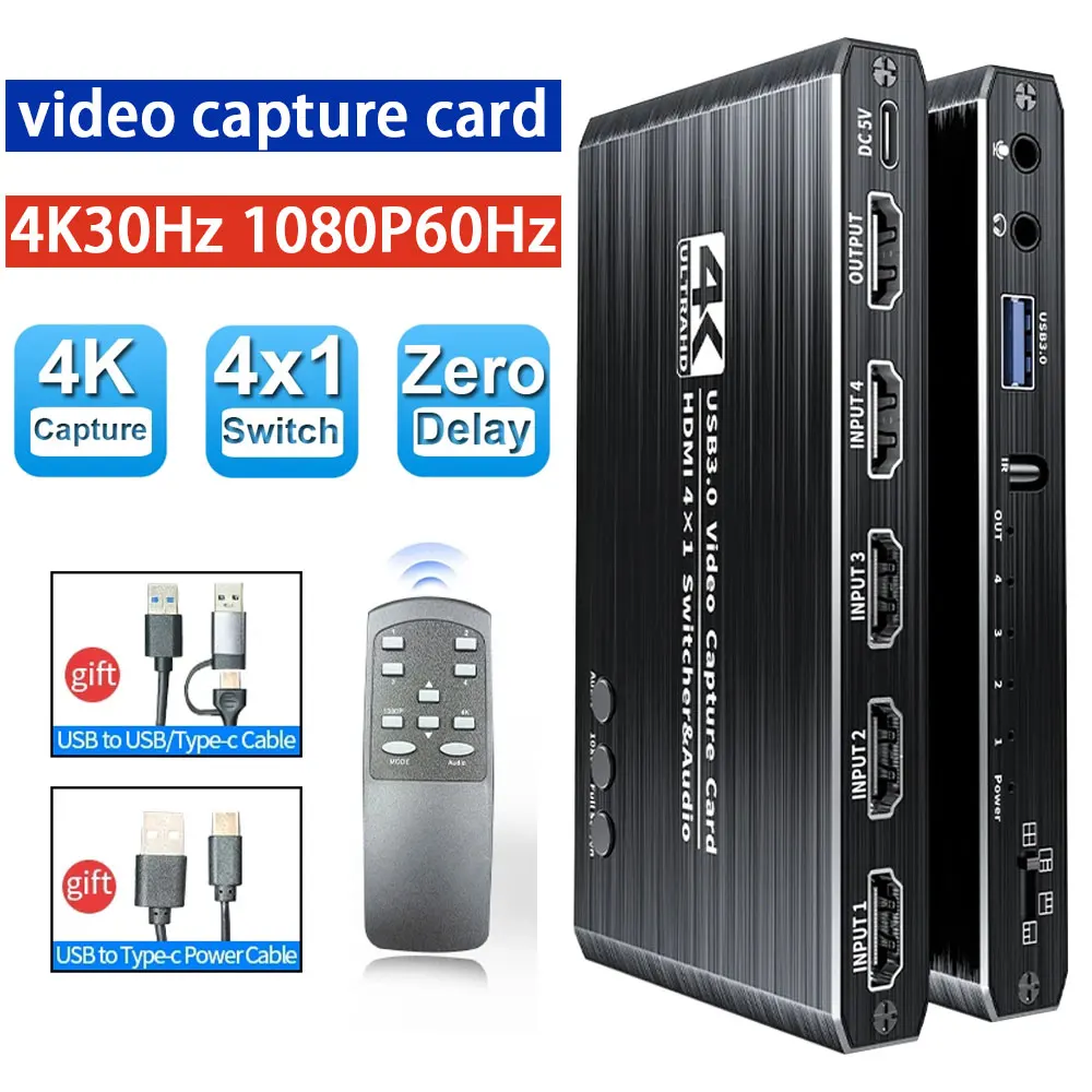 

4 Port 4K Video Capture Card 1080P 60fps HDMI to USB 3.0 Camera Grabber Recording 4 HDMI Channel Input for Live Streaming
