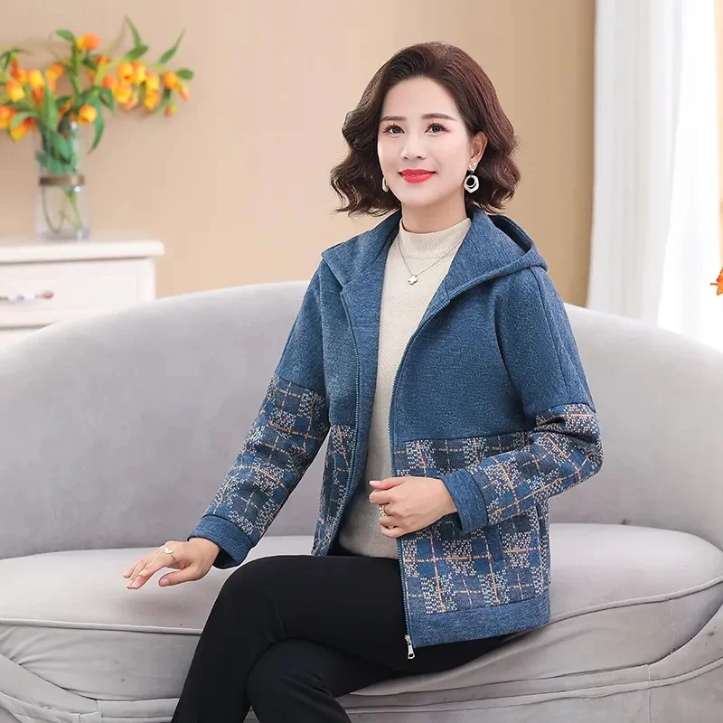 Mom's Autumn Hooded Foreign Style Jacket 2023 Middle-Aged And Elderly Spring And Autumn Short Top Jacket Jacket Hooded Casual
