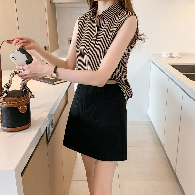 스트라이프 여성 셔츠 패션 여성 블라우스 2025 여성 의류 민소매 여성 탑 우아하고 청소년 여성 블라우스 OL 셔츠
