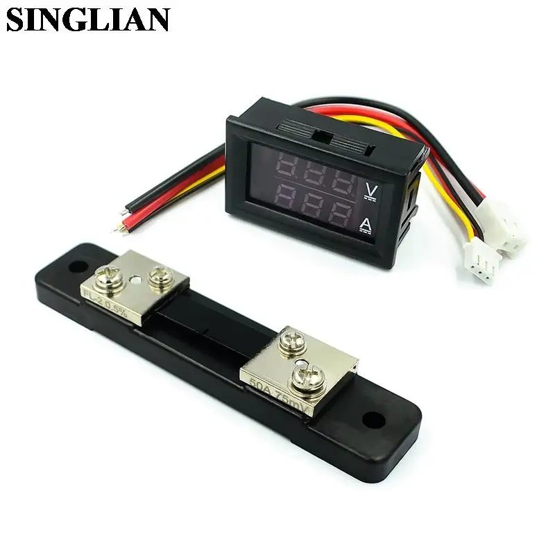 1set DC0-100V 50A LED Ammeter Voltmeter DC Dual Display A.V Digital Current Voltage Meter Red Blue+Current Diverter Kits