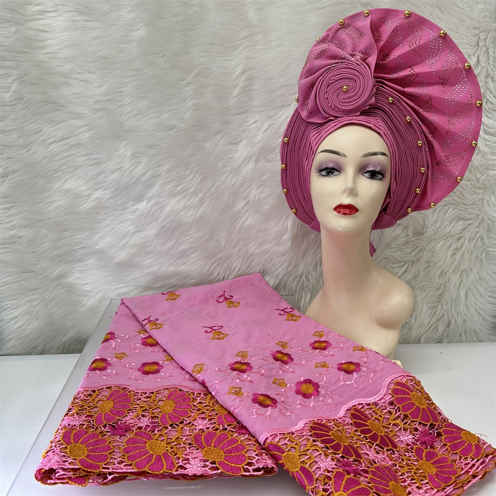 

Swiss Voile Lace Embroidery Cotton Fabric, African Lace and Sego Headtie Gele Set for Women Dress, 5 Yards, 2Pcs