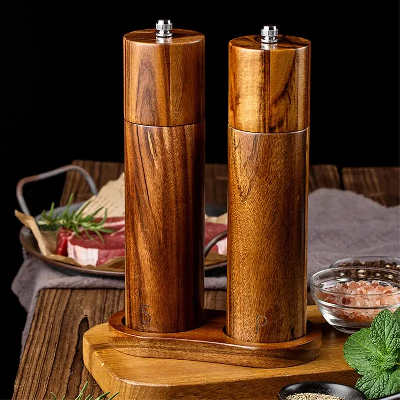 Wooden Salt and Pepper Grinder Set - Premium Acacia Wood Grinders - Refillable Salt and Pepper Mills, 6 inch Square Head Color Box
