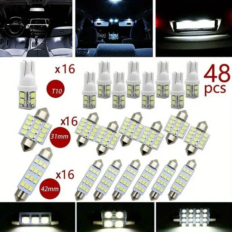 48/42 pcs LED Car Dome License Plate Lighting Tail Lamp Trunk Bulbs Interior Light LED Cars Wedge Lights T10 T5