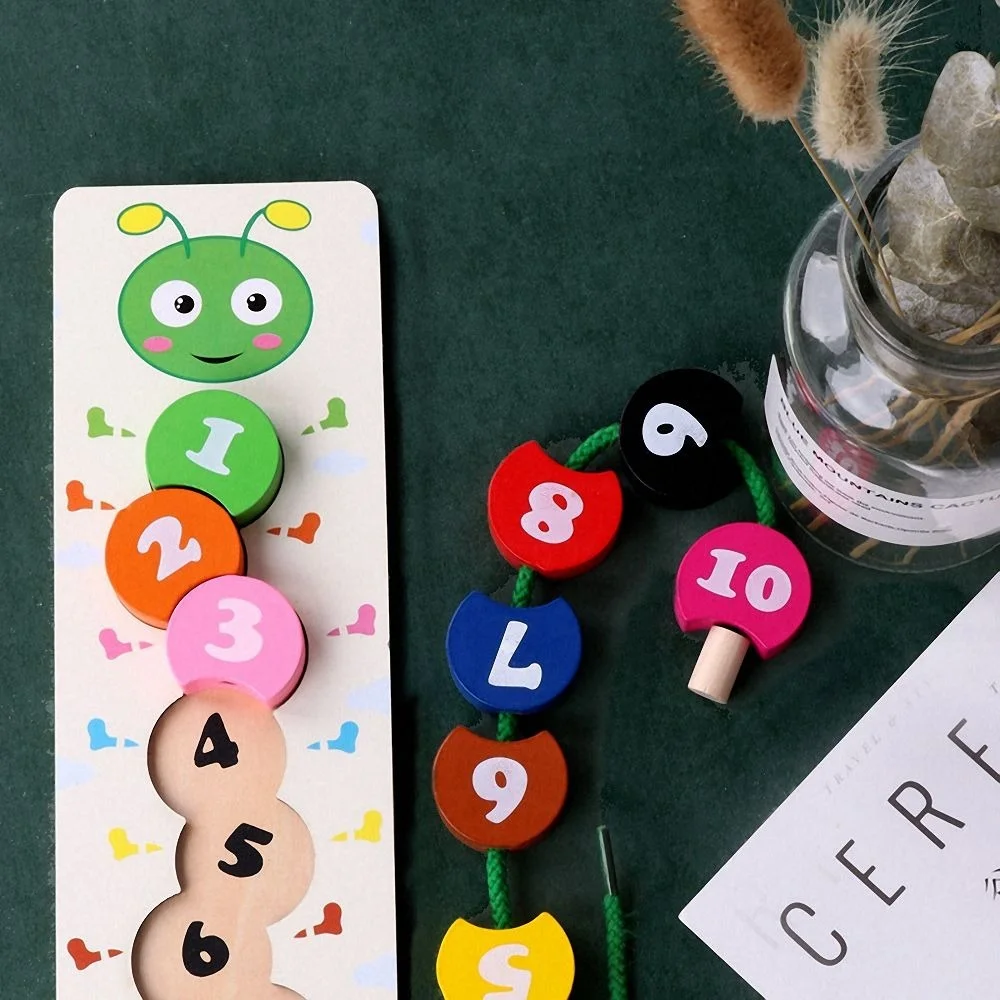 Montessori Wooden Math Toy Threading Caterpillar Develop Intelligence Learn Counting Mathematics Teaching Aids Kids Wooden Toy 2