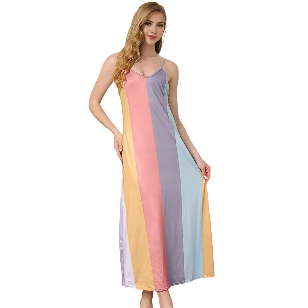 

Summer Women Slip Dress V Neck Patchwork Backless Sleeveless Slim A-line Beach Homewear Strappy Dress