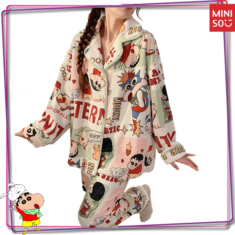 

Miniso Crayon Shin-Chan Women's Flannel Pajama Set Y2K Cartoon Home Furnishing Winter Warm Casual Long Sleeve Pants Pjama Gift