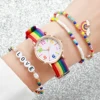 4PCS/Set Women's Watch Casual Nylon Band Analog Quartz Watches Love Beads Bracelets Set 1
