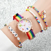4PCS/Set Women's Watch Casual Nylon Band Analog Quartz Watches Love Beads Bracelets Set 1