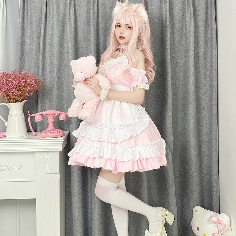 Japanese Sweet Lolita Dress Anime Cat Girl Plus Size Maid Halloween Cosplay Costume Pink Ruffles Kawaii Princess Party Dresses lolita dress lolita suspender dress lolita cosplay costumes suspender dress lolita skirt lolita blouses