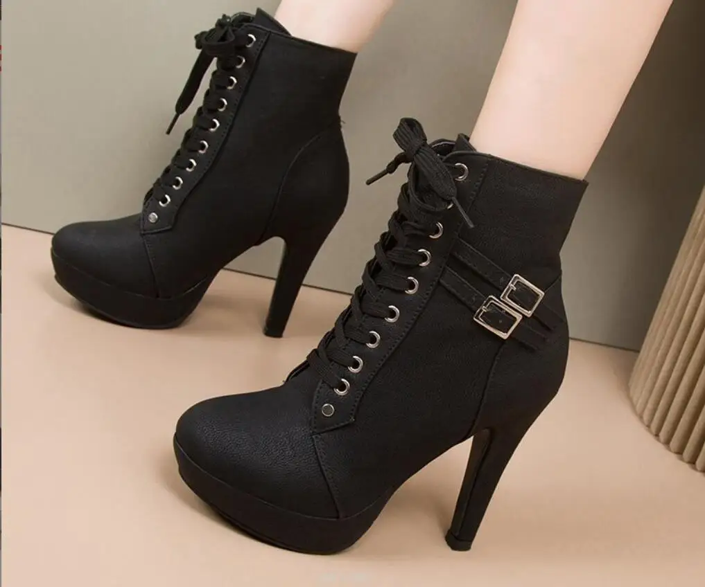 New Spring Autumn ankle boot short Autumn winter Sexy Women's lace up high heels wedding Party shoes belt buckle women's boots