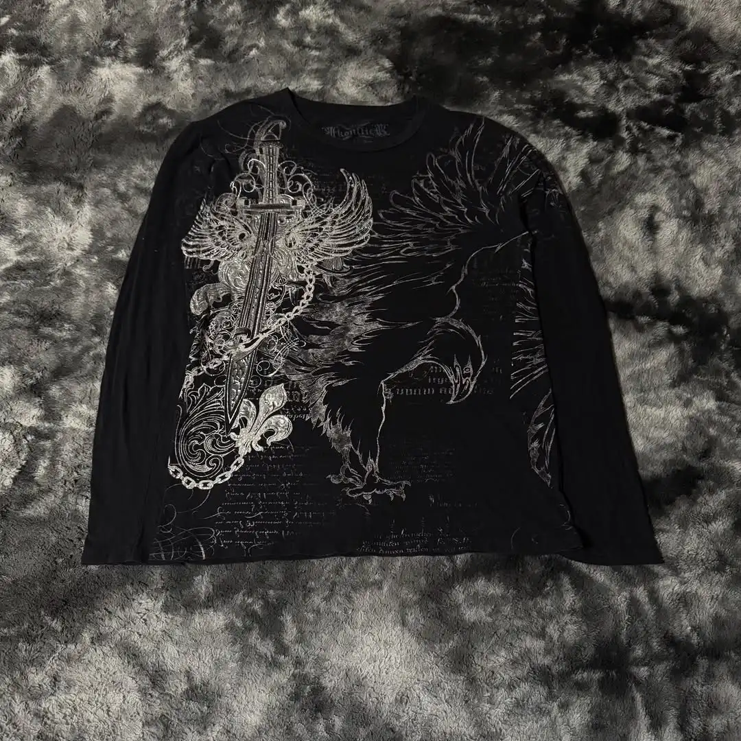 Black Mens Gothic Dark Style Sweatshirt Loose Unique Wing Print Design on Front Chest Trendy Casual Streetwear Edgy Personality