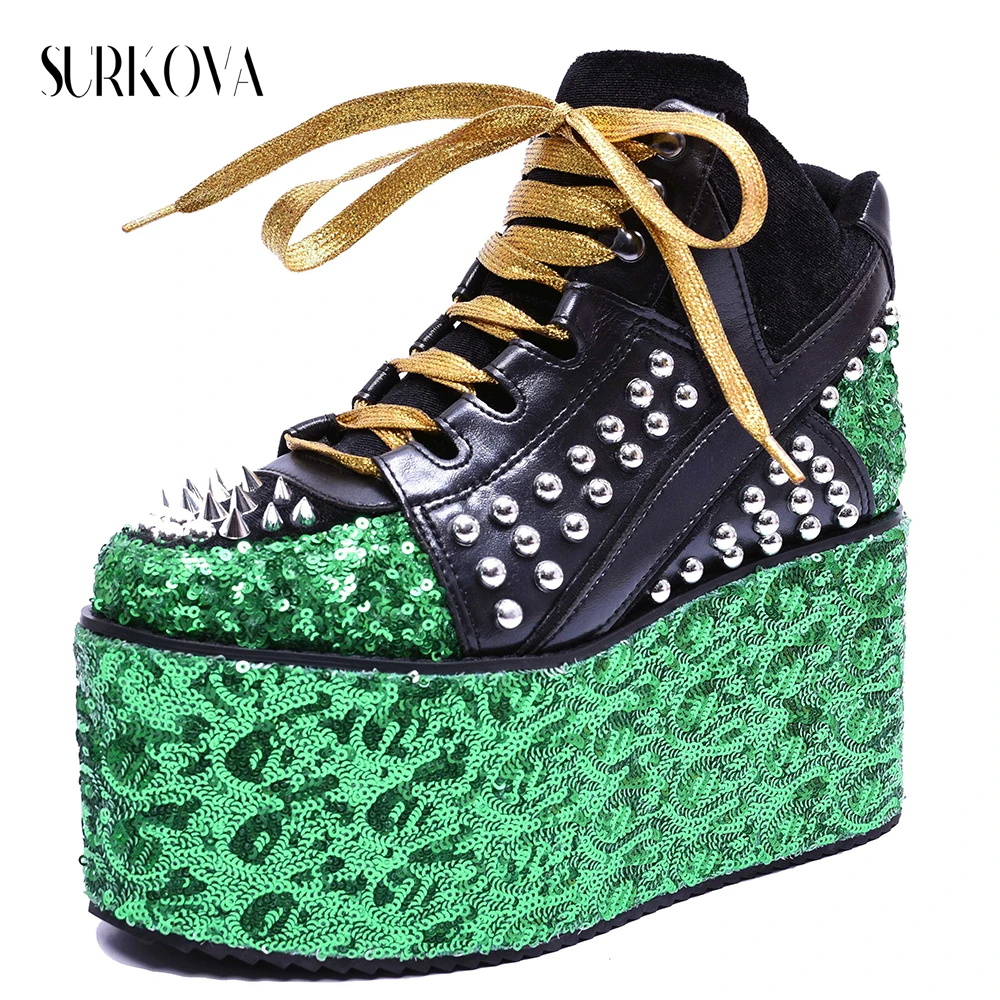 

New Street Punk Style Rivet Platform Shoes Personalized Trendy Sequined Thick Sole Women's Height-Increasing Shoes Lace Up Pumps