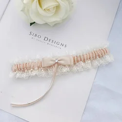 Elegant Blue Butterfly Knot Bridal Leg Ring and Sock Belt Gift Set (Flesh pink + white lace)
