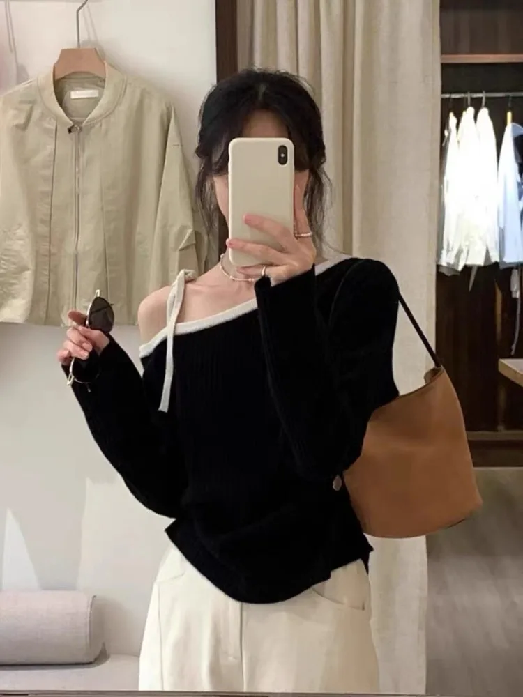Women Knitted Off Shoulder Sweater Long Sleeve Autumn Top
