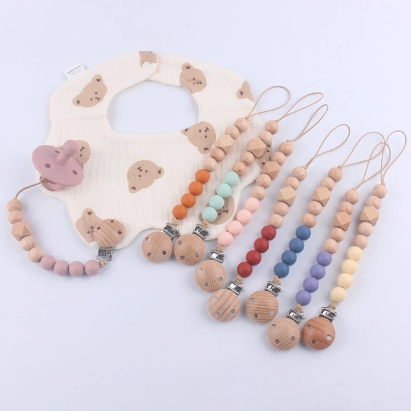 

Baby Pacifier Clips Silicone Beads Wooden Ring Pacifier Chain Infant Nipple Appease Soother Chain Clips Dummy Holder Nipple Clip