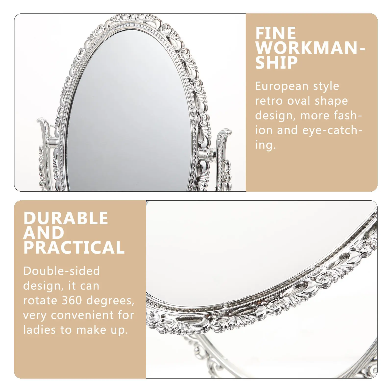 1Pcs 데스크탑 메이크업 거울 유럽 스타일 레트로 타원형 양면 360도 회전식 거울 욕실 침실 홈