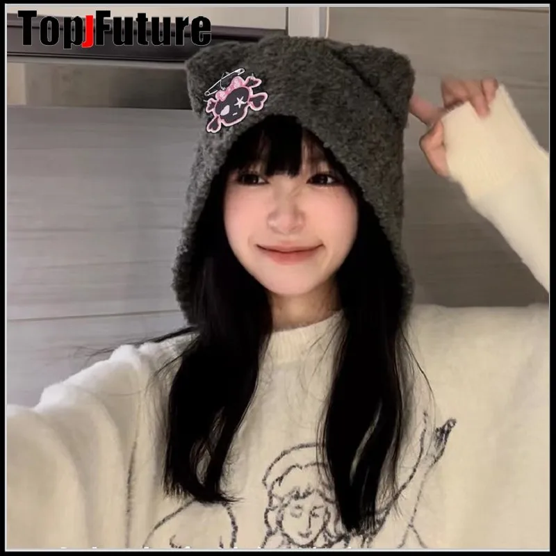 Y2KJapaneseHarajukuKawaiiBlackWhiteGreySkullCatEarsHatsFor